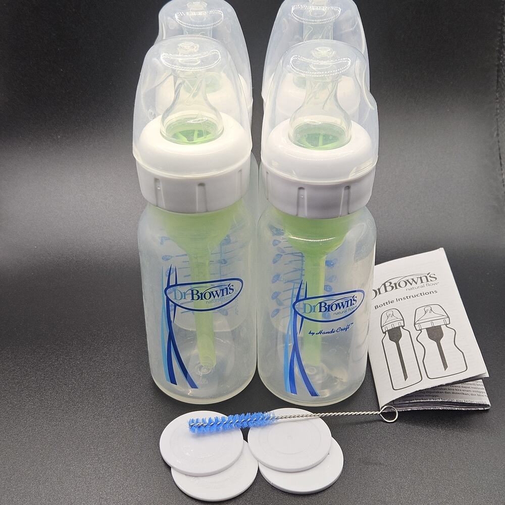 Dr. Brown's Natural Flow 4oz Baby Bottles Set of 4 w/ Caps, Vent Inserts & Brush